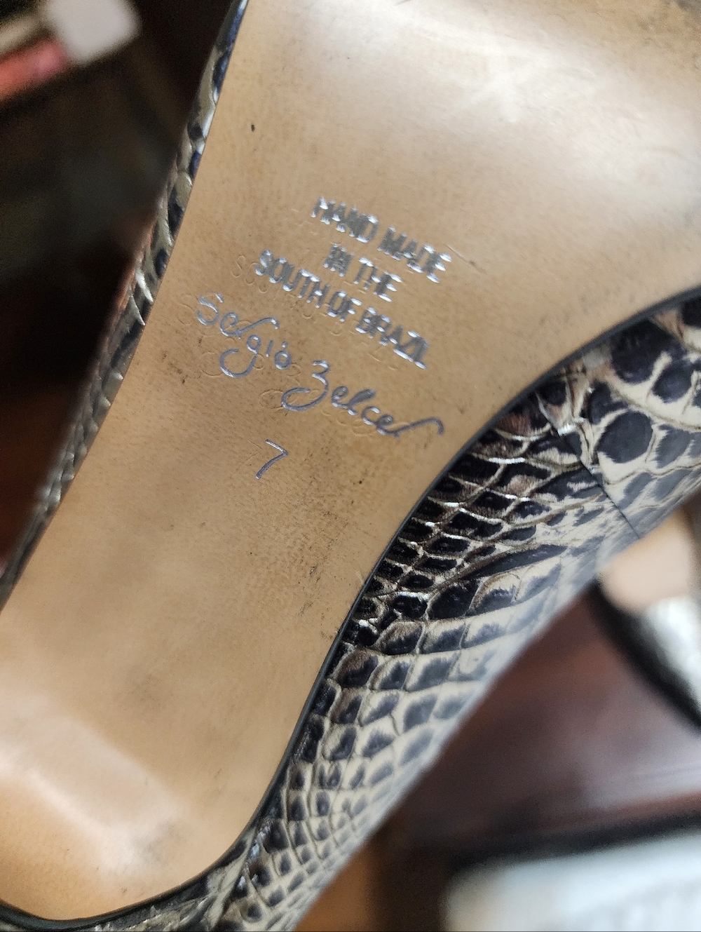 Sergio Zelcer Black & Silver Snake-Print Pointed Pumps, Size 7 - Picture 7 of 8